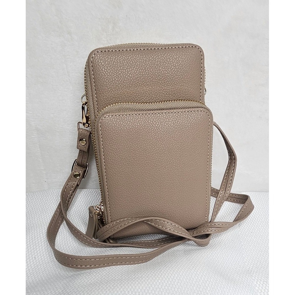 Crossbody Phone Wallet Bag OS Taupe Pebble Grain Gold Hardware